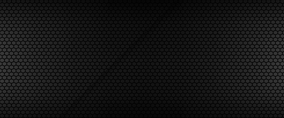 Naklejka premium Abstract Black Metallic Hexagon Mesh Background with Dark Carbon Fiber Texture, Modern Technology Honeycomb Pattern Backdrop for Industrial Design, Automotive, and Web Header