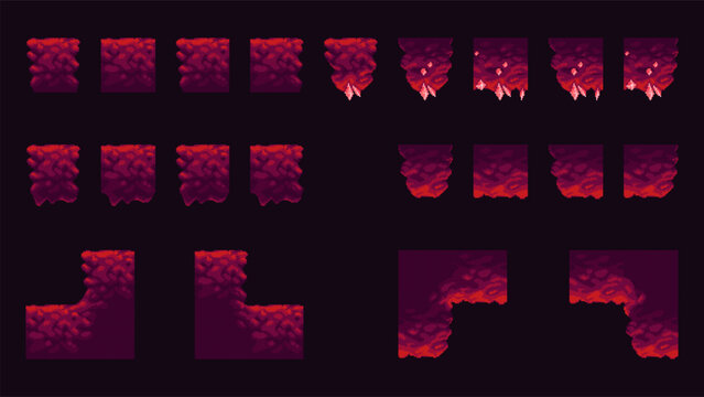 Retro 8 bit pixel cave tileset with ground blocks, platforms with small crystals. Modular elements for building underground game levels and terrain structures. Vector illustration set.