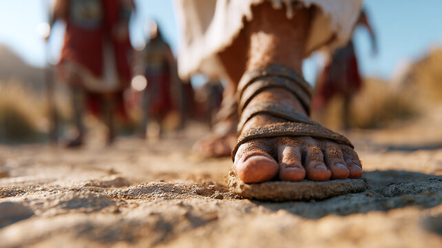 The feet of Jesus Christ walk through the ranks of the Roman centurions. The biblical Christian concept.
