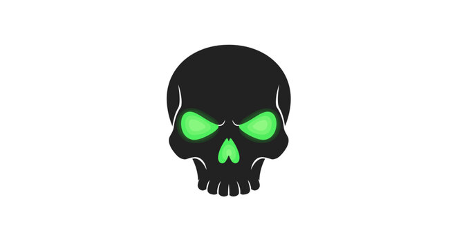 Vibrant green-eyed dark skull illustration with menacing glow, a striking symbol of danger, power, and mystical allure, perfect for edgy designs and digital projects
