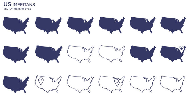 Conceptual vector set featuring diverse outlines and fill variations of the United States map, ideal for geographic representation, location marking, and educational resources