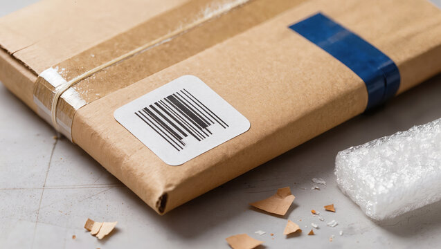 Close-up of cardboard package wrapped in brown paper with tape and label. Scene illustrates parcel handling, shipping, and e-commerce logistics processes