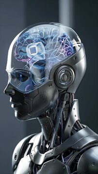 Humanoid robot head with visible digital brain, artificial intelligence concept, futuristic technology, innovation and robotics.