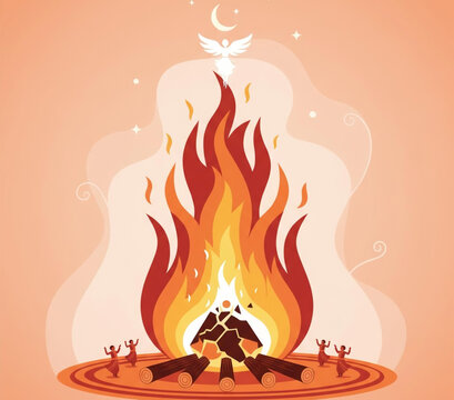 Vibrant cultural bonfire festival with joyful dancing silhouettes and an ethereal spirit ascending into the night sky, symbolizing community and ancient traditions