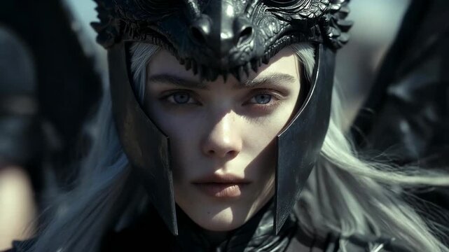 Close view of armored warrior in dragon-themed helm, realistic style, on muted outdoor background, concept of fantasy strength