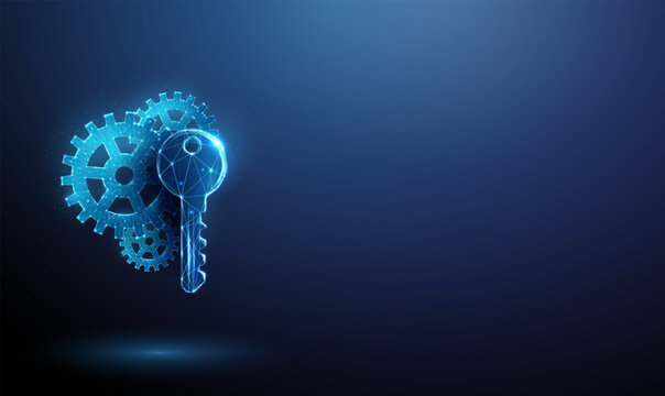 3d gears with key. Access control mechanism, system configuration, secure operation management, authentication process, workflow automation, technology setup concept.