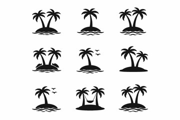 Fototapeta premium Collection of palm tree island silhouettes with birds and waves