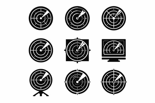 Black radar icons set displaying various radar designs and monitor interface