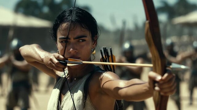 Woman drawing bow in action shot, realistic photo style, on outdoor battlefield background, concept of strength and focus