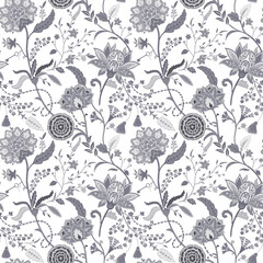 Naklejka premium Seamless Monochrome Vintage Floral Pattern with Ornamental Botanical Motifs, elegant classic black and white wallpaper design in retro heritage style for textile and interior decor