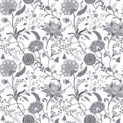 Seamless Monochrome Vintage Floral Pattern with Ornamental Botanical Motifs, elegant classic black and white wallpaper design in retro heritage style for textile and interior decor © Zenina-Lembrik
