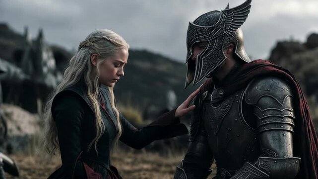 Two medieval fantasy figures in dramatic style on a bleak outdoor background, capturing a concept of tension and resolve