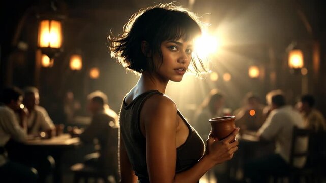 Woman holding a cup in a dim rustic tavern in realistic style on a warm lantern‑lit background, concept of hospitality