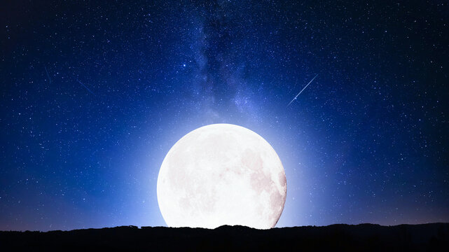 Blue hour time with lunar eclipse, stars and planets above landscape silhouettes.