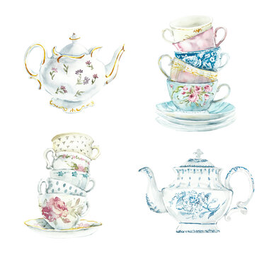 Tea Time Set. Watercolor illustration. Objects from the larger "Enjoyable_Tea_Time" collection. For decor and design.Watercolor hand drawn illustration. Collection utensil.