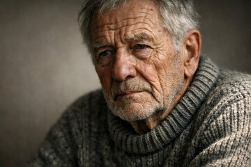 Obraz premium Senior man with gray hair and deep wrinkles gazes away, conveying quiet reflection, solitude and the softened wisdom of aging in a contemplative portrait