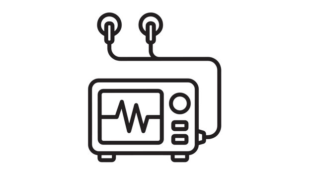 Monitor with connected electrodes displays a heart rate graph on its screen, representing vital signs