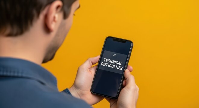A man holding a smartphone with a technical difficulties message on the screen