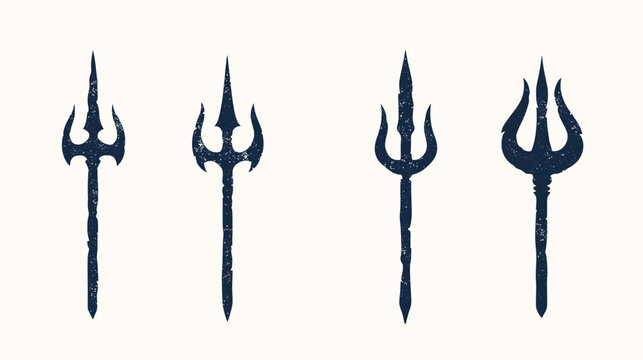 Four trident designs with a textured, vintage aesthetic, arranged vertically with variations in head shapes