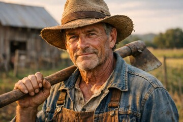Fototapeta premium Mature farmer in straw hat and denim overalls stands outdoors with a rustic hoe on his shoulder, weathered face reflecting decades of honest, traditional farm work and experience