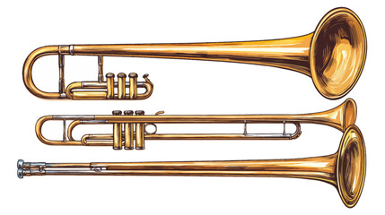 Obraz premium Digitally rendered illustration of three shiny, brass musical wind instruments on white