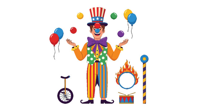 Clown's Joyful Performance: A colorful illustration captures a clown, juggling balls and balloons, surrounded by circus props, all evoking a sense of entertainment and delight.