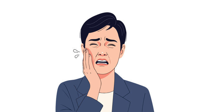 Illustration of a stressed Asian man in a blue blazer touching his face with sweat drops on a plain white background.