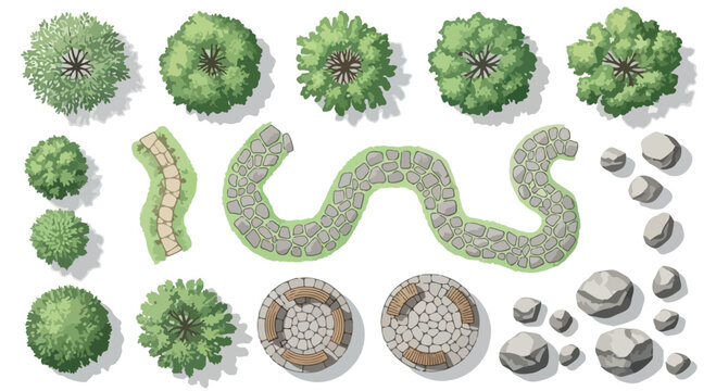 Landscape design elements in top view, garden plan vector set with green trees and stone paths, architectural site map symbols for park planning isolated PNG with Transparent Background