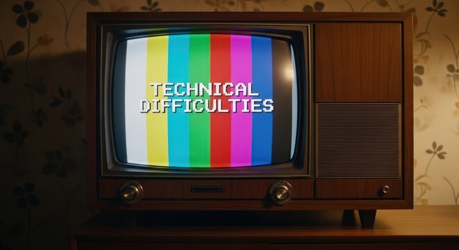 An old television displaying a technical difficulties screen with colorful bars