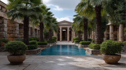 Obraz premium A luxurious pool surrounded by ancient greek columns and potted palm trees, with an entrance to the building in the background, architectural photography. 