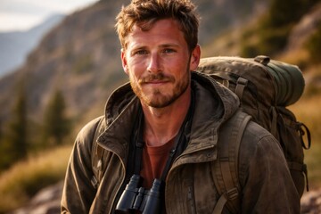Fototapeta premium Bearded hiker smiling at camera in a rugged jacket with backpack and binoculars, standing on sunlit mountain trail, confident and happy in outdoor adventure and exploration