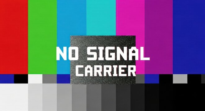 A television screen displays a no signal carrier error message with colorful bars