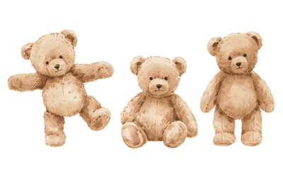 Seamless Vintage Vector Set Watercolor Teddy Bear Pattern on Beige Background, cute retro nursery design with hand painted plush toys for baby textile, wallpaper and fabric print