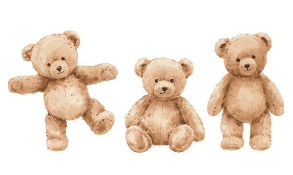 Seamless Vintage Vector Set Watercolor Teddy Bear Pattern on Beige Background, cute retro nursery design with hand painted plush toys for baby textile, wallpaper and fabric print