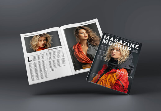 Magazine Cover and Open Magazine Mockup Floating On Black Background
