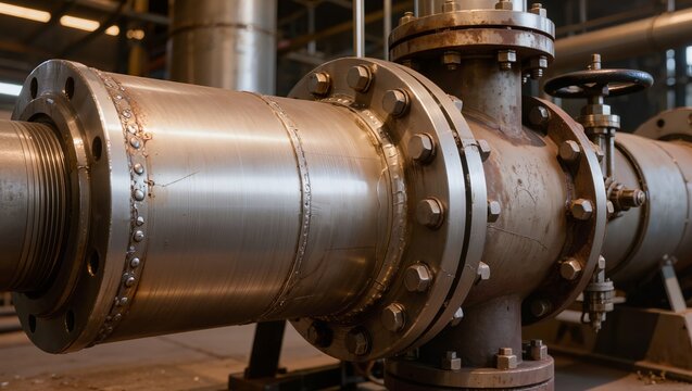 Close-up of industrial metal pipeline with flange connections, bolts, welded joints, and manual valve. Scene highlights industrial infrastructure and engineering