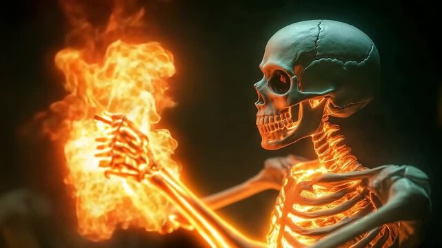 Skeleton creating fiery artwork in a dark studio setting