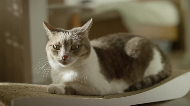Alert tabby and white cat resting indoors