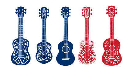 Fototapeta premium Stylized, colorful illustrations of ukuleles in a row, featuring unique geometric & organic designs