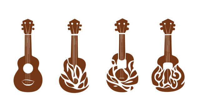 Four brown ukulele silhouettes with variations in design, standing on a white background