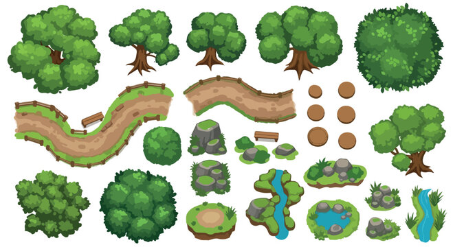 Cartoon nature landscape elements set, green forest trees and park garden assets, vector map creator kit for game design and environment building isolated PNG with Transparent Background