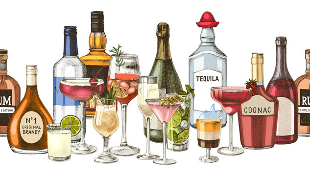 Alcohol drinks and cocktails seamless border