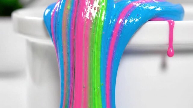 Glossy, neon-colored slime dripping slowly off the edge of a clean, white pedestal.