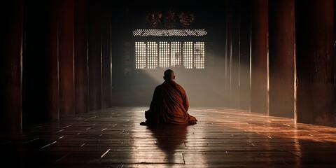 Interior of an ancient Buddhist temple, monk meditating in the background, soft light filtering through a high window, spiritual architecture, serene moment.