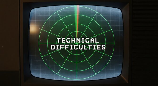 An old television screen displays a technical difficulties message with a green radar screen