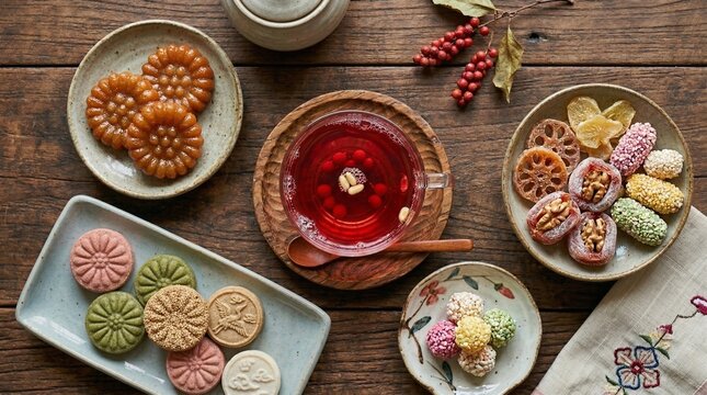 A top view of iced Korean omija magnolia berry tea in a glass cup, served with traditional yakgwa, dasik cookies, gangjeong, and dried fruits on a rustic wooden table.