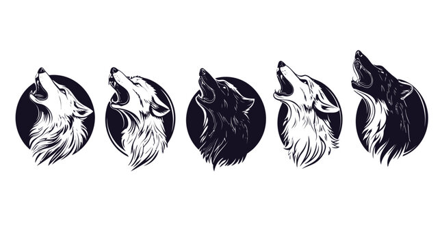 Silhouettes of howling wolves in circular black frames, varying color schemes for each