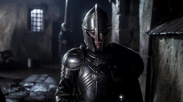 Scene showing medieval warrior in detailed armor in moody cinematic style on dark stone background, concept of heroism