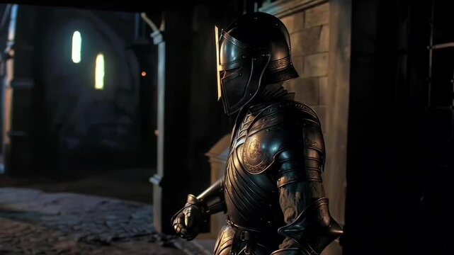 Armored knight in ornate metal gear shown in realistic style on a dark medieval hall background, concept of bravery and vigilance
