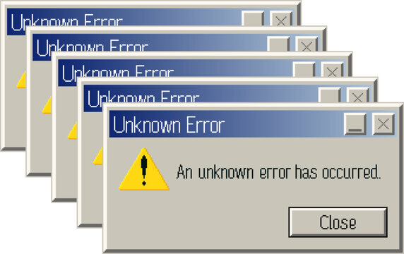 Multiple duplicate unknown error popup windows stacked in a cascade. Retro pixel style computer UI glitch or overload concept. Vector illustration.